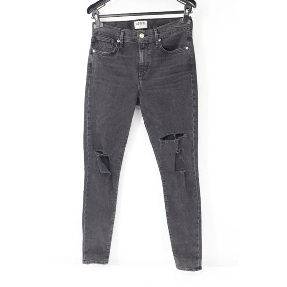 Agolde Denim - AGOLDE Jeans Womens 27 L30 Mid Rise Slim Fit Destroyed Denim Black ripped knee